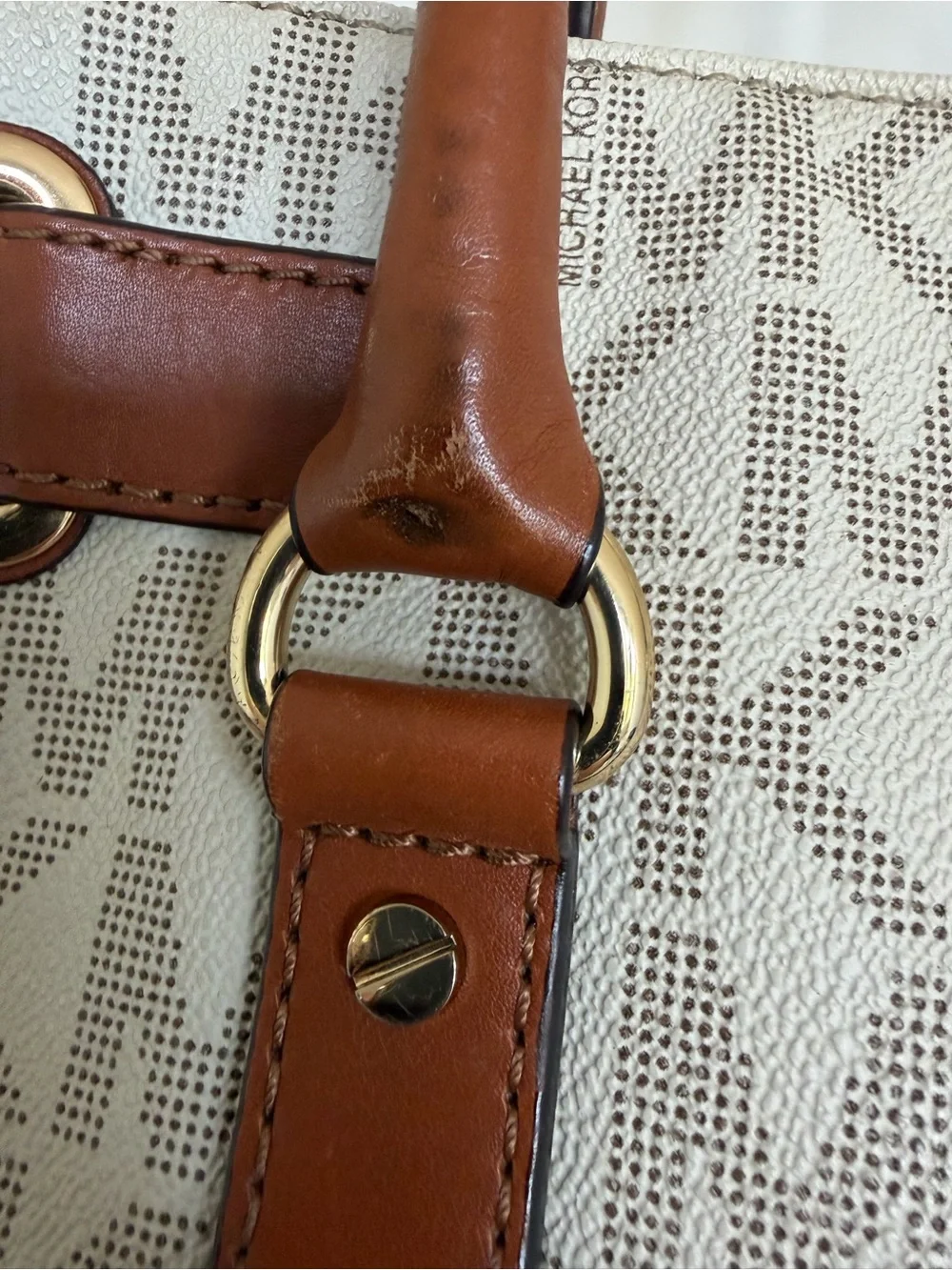 Michael Kors Hamilton Signature MK Logo Lock Satchel Vanilla Brown Leather